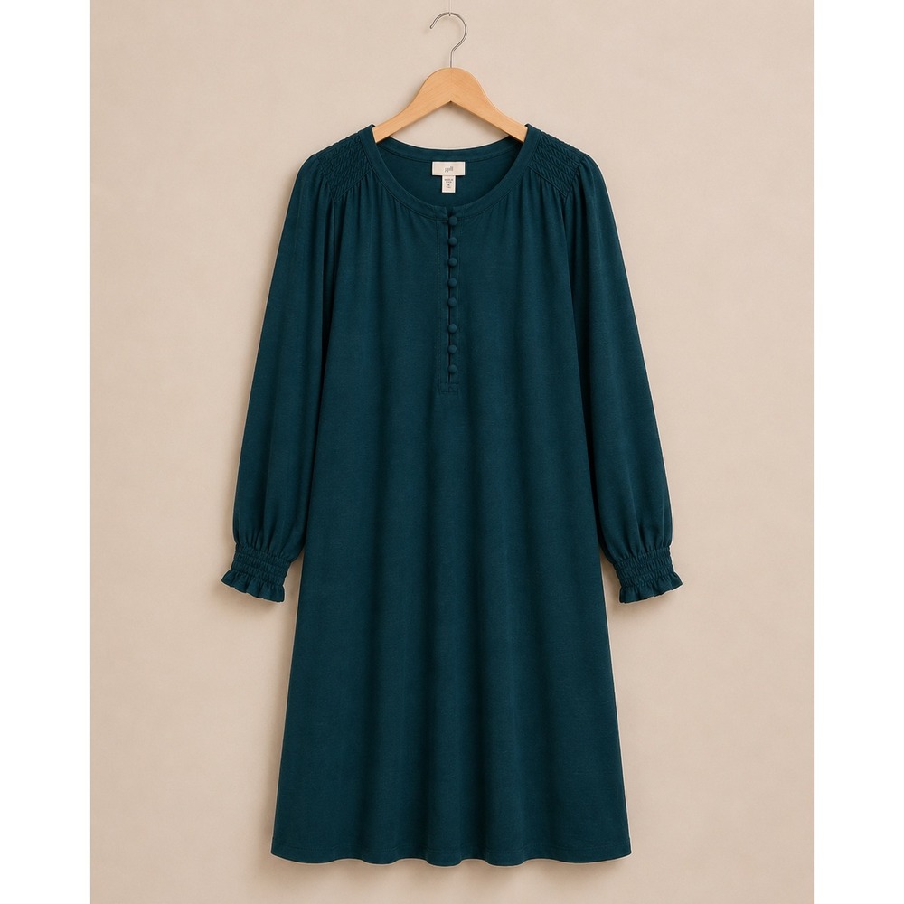 J. Jill Pure Jill‎ Teal Smocked Henley Tunic Dress Pockets Tall Medium RN 97641